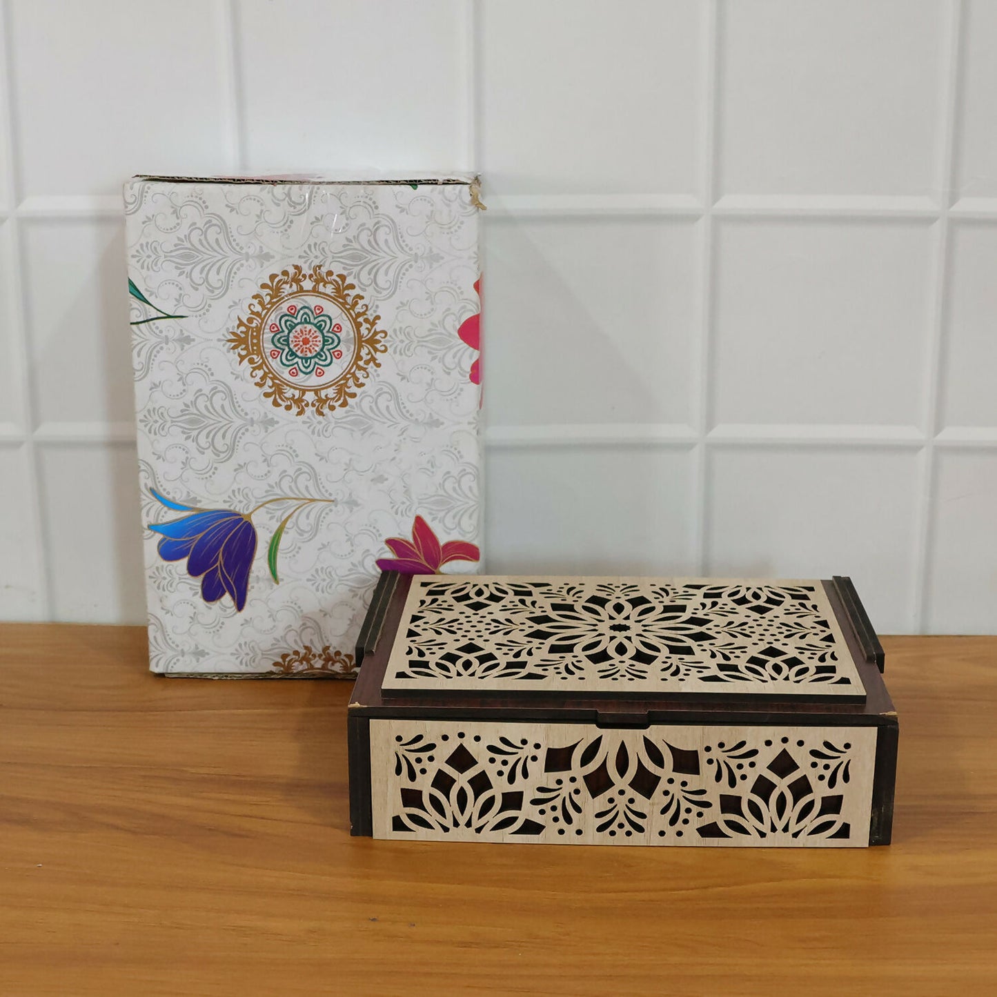 Decorative wooden dry fruit box for gifting during festive occasions