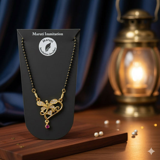 Butterfly Design Gold-Tone Mangalsutra with Sparkling Stones & Pink Dangler