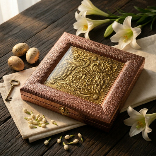 Antique Brass Peacock Embossed Dry Fruit Box front view
