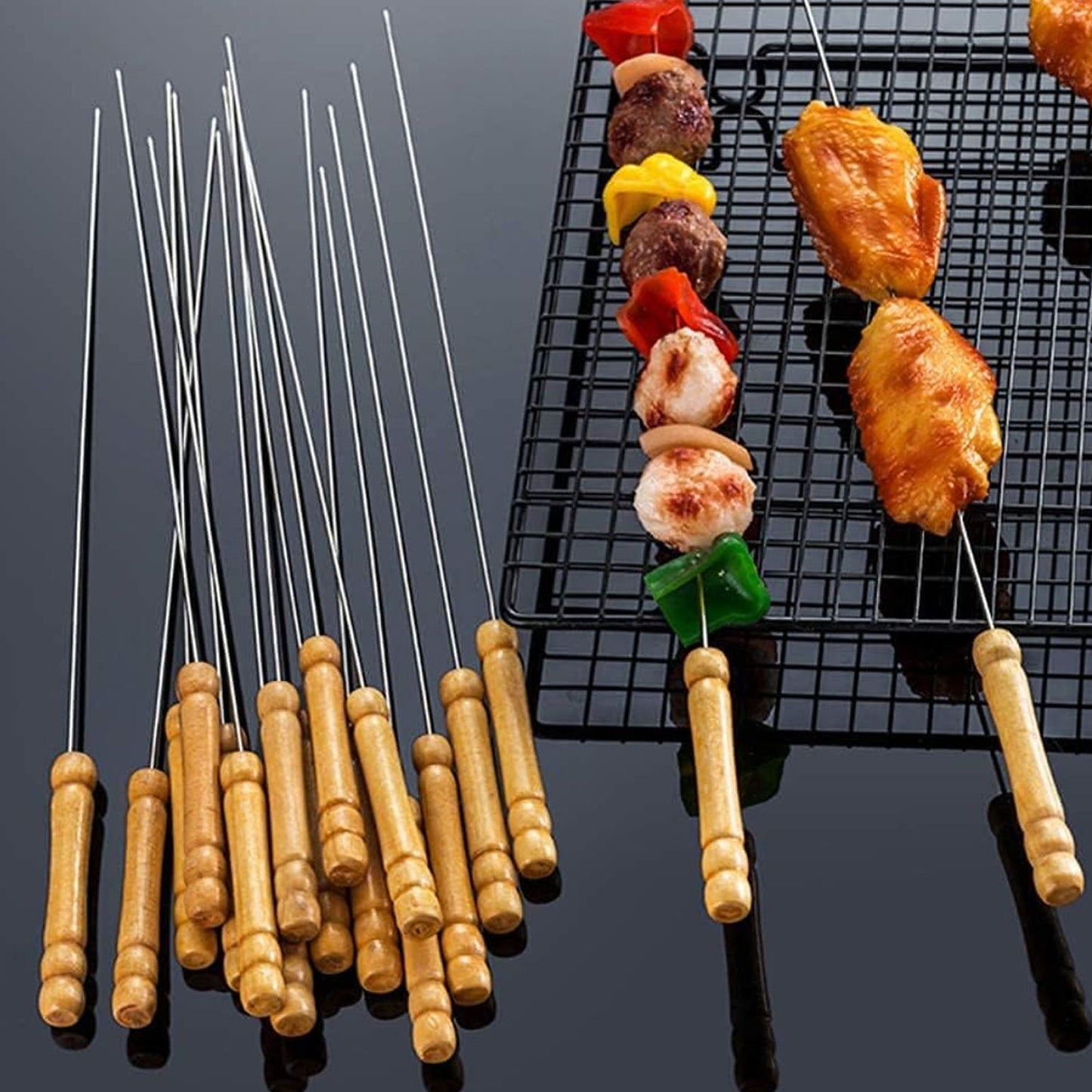 Barbecue Skewers for BBQ Tandoor and Gril with Wooden Handle - Pack of 12