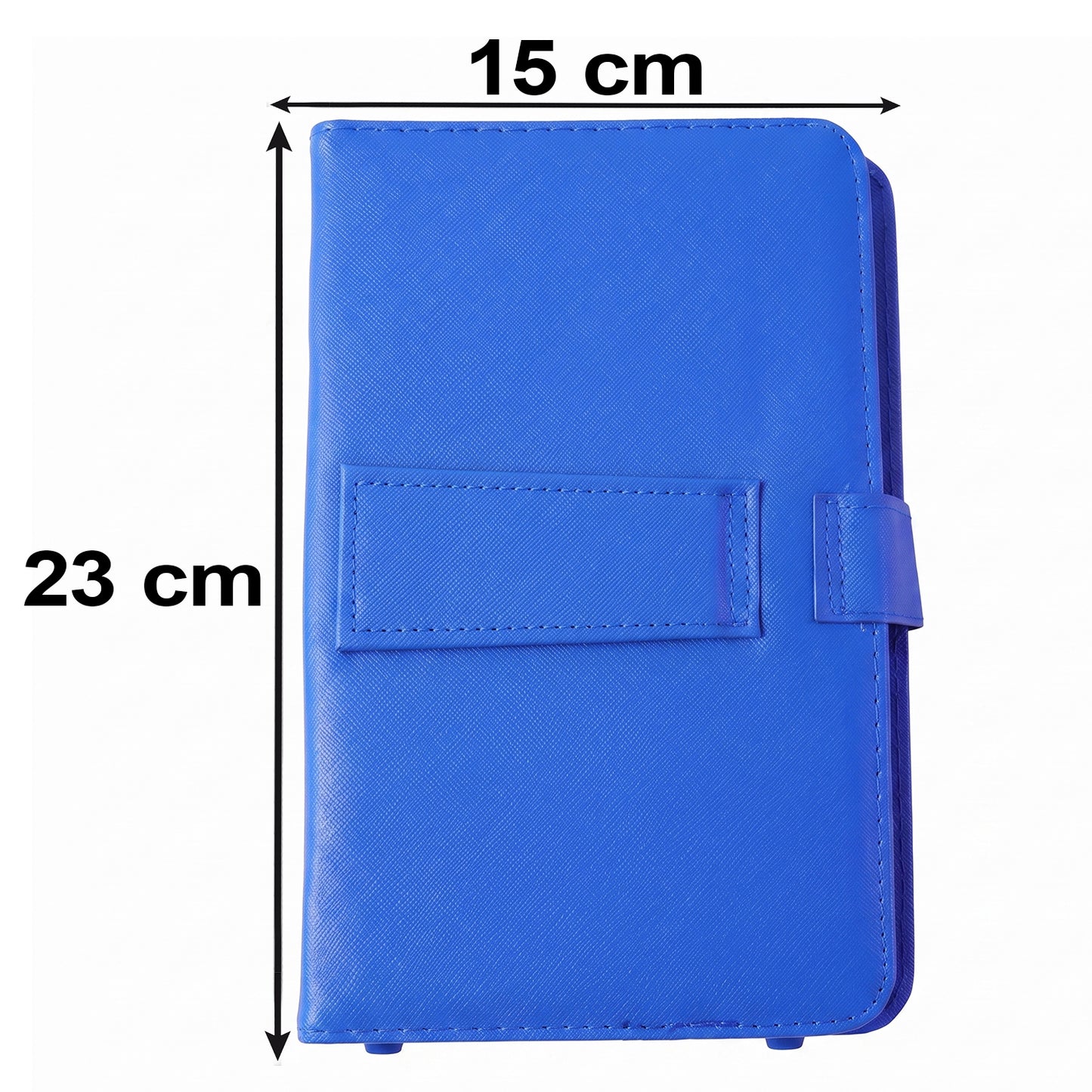 A blue PU leather tablet case is shown with dimensions: 23 cm height and 15 cm width.