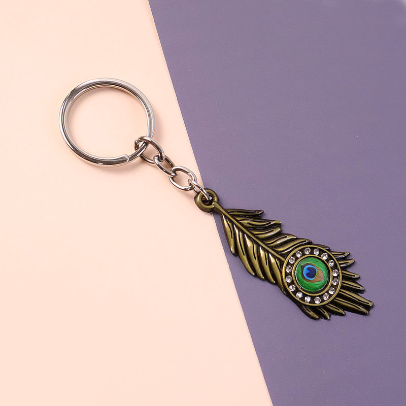 Stylish Mor Pankh (Peacock Feather) Metal Keychain – Elegant Crystal Accent Key Ring (Mix Color) (1 Pc)