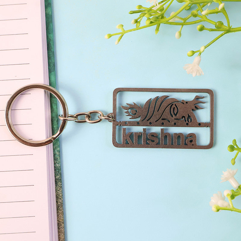 Stylish Krishna Cutout Metal Keychain – Divine Rectangular Design Key Ring