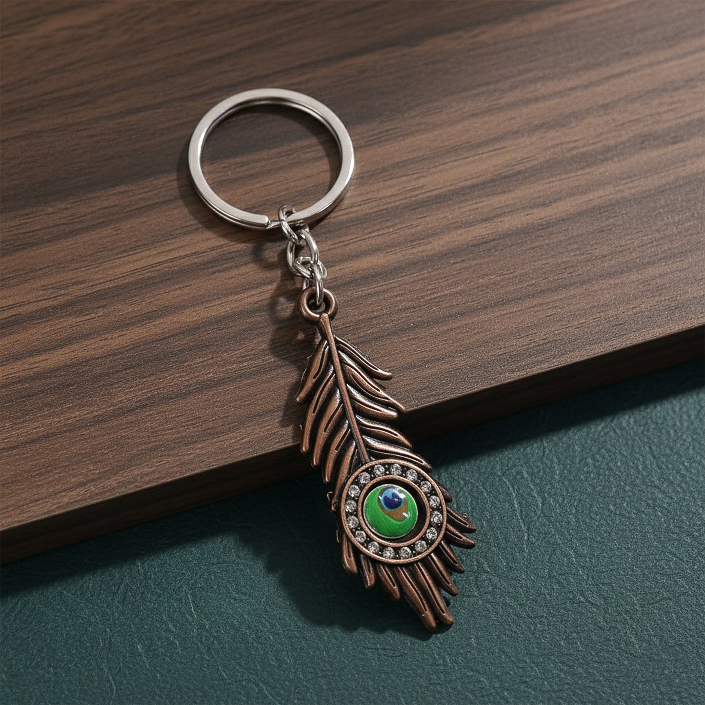 Stylish Mor Pankh (Peacock Feather) Metal Keychain – Elegant Crystal Accent Key Ring (Mix Color) (1 Pc)