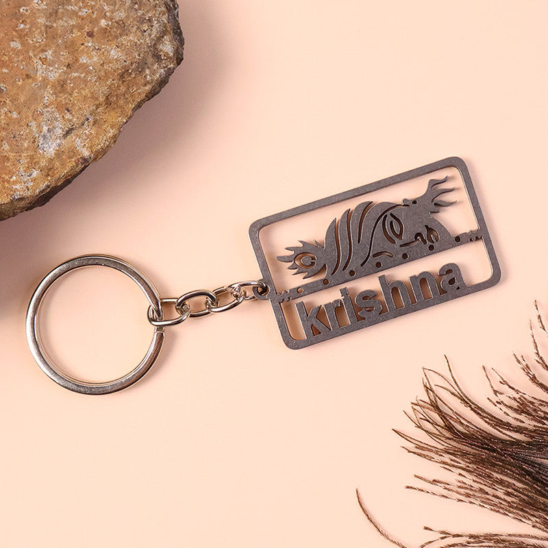 Krishna Face Engraved Metal Keychain – Rectangular Divine Design