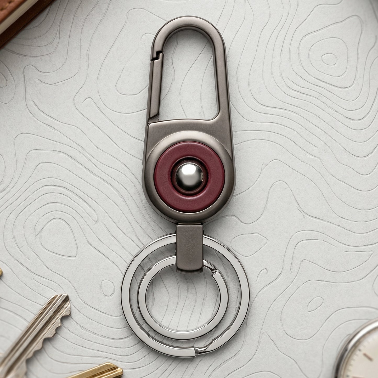 Durable metal key holder with dual rings and locking clip attached to a backpack