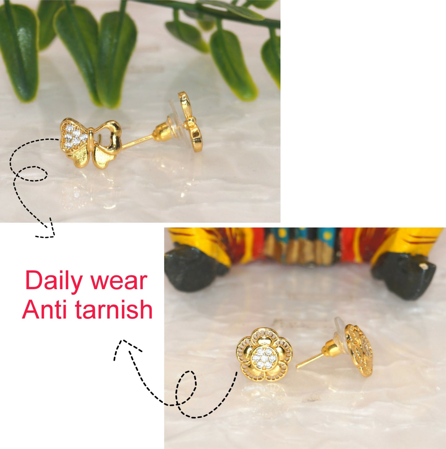 Gold & Diamond Flower & Butterfly Stud Earrings for women & girls Combo Pack of 2