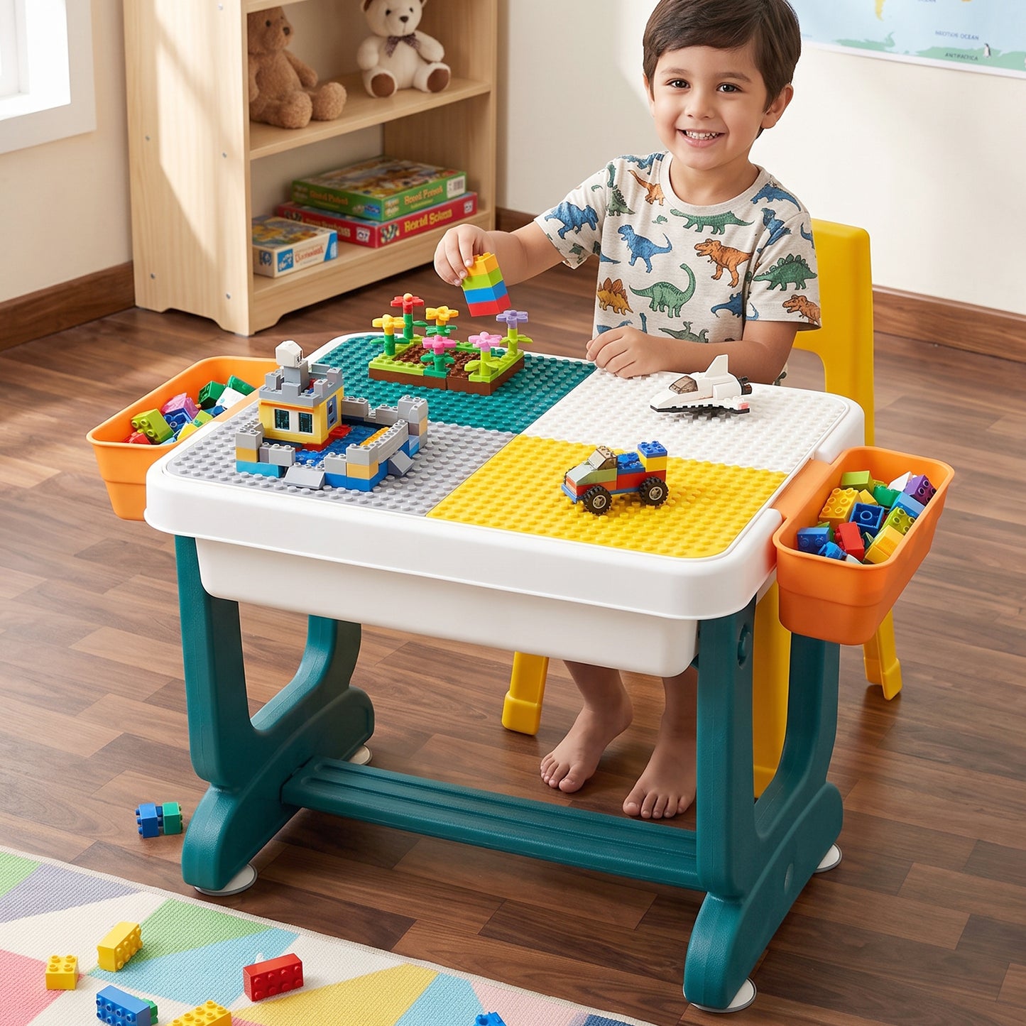 Kids Building Block Activity Table and Chair Set with Storage Bins (2 Pc Set)