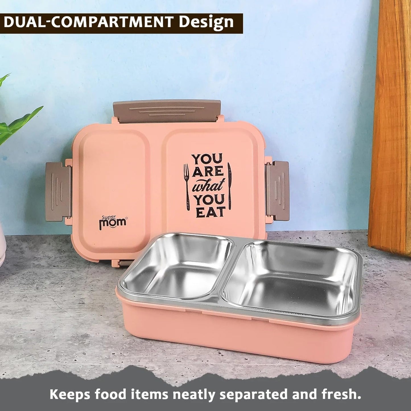 Lunch box side view with compartments visible