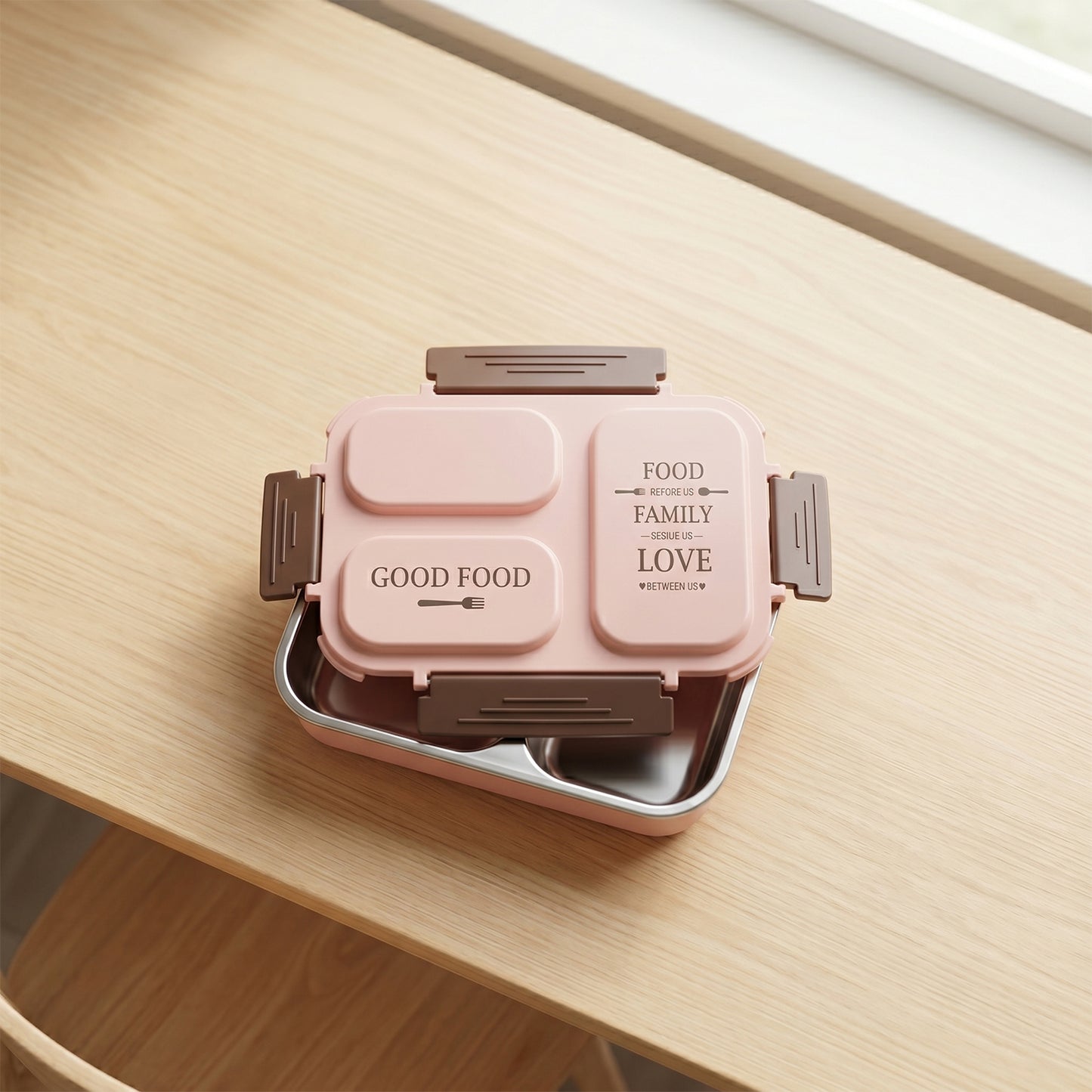 Top view of lunch box with three compartments