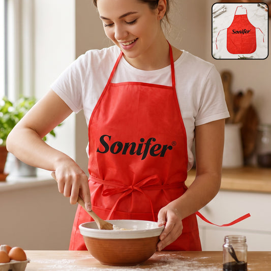 Reusable cooking apron with front pocket and adjustable neck strap