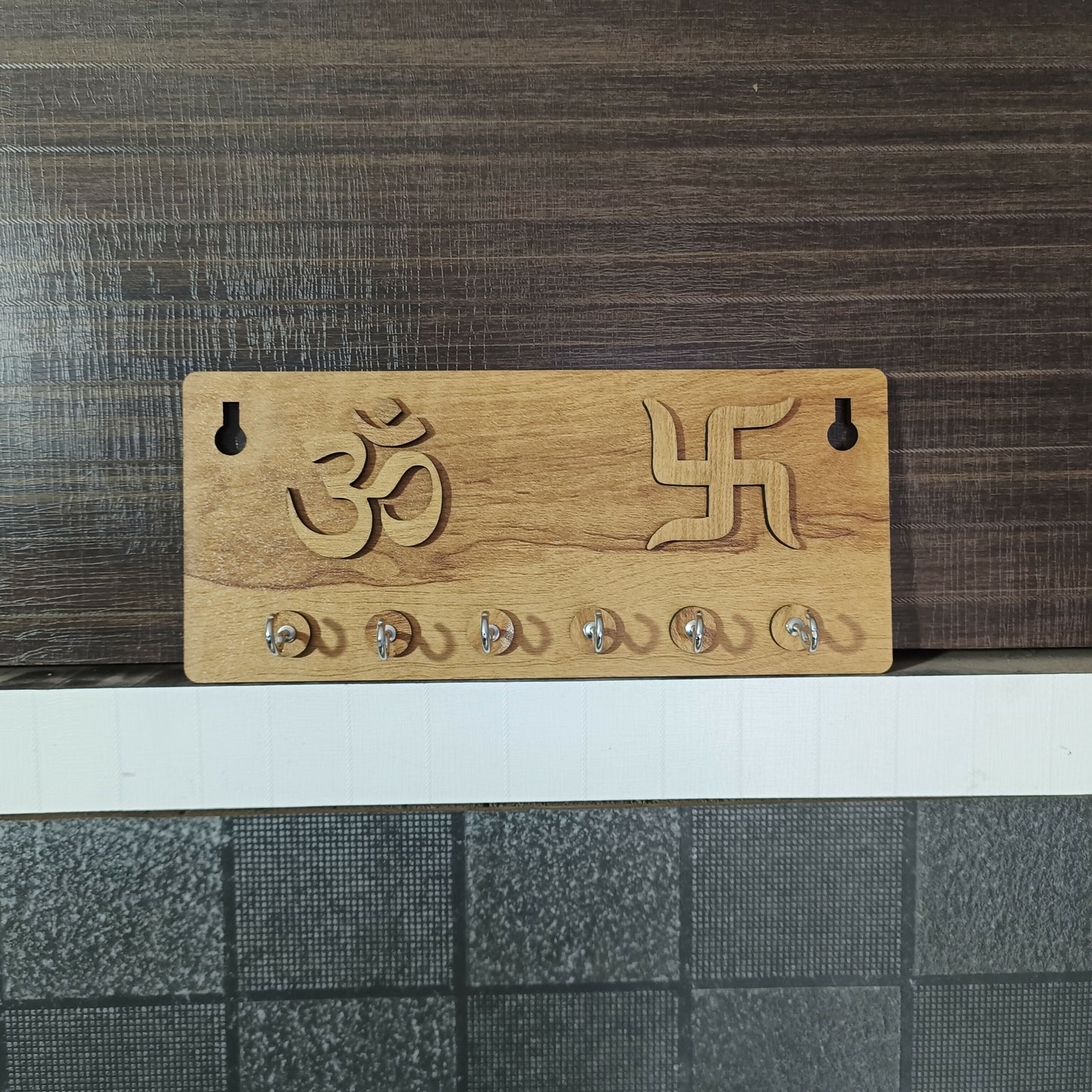Embossed Om & Swastik Wooden Key Holder for Wall – Premium MDF Wall Key Organizer with 6 Hooks | Auspicious Home Décor
