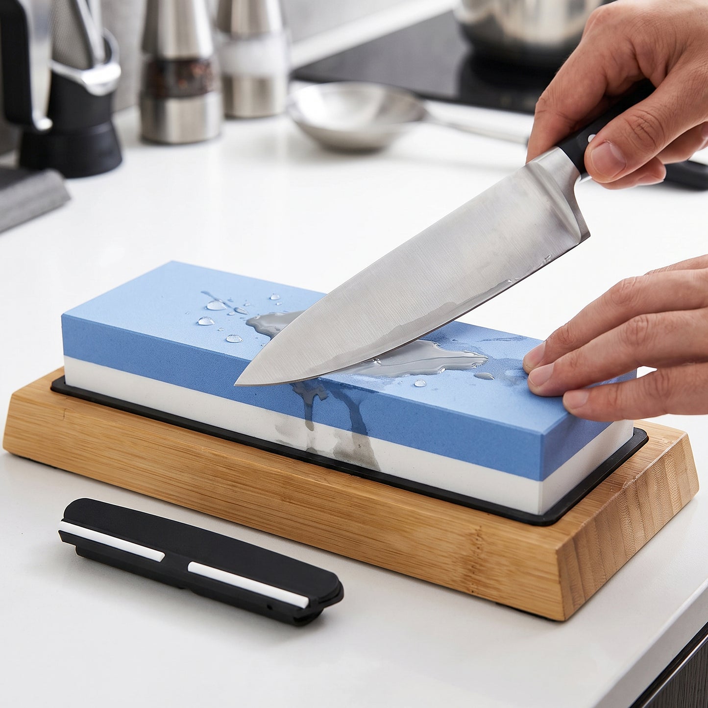 Double Sided Knife Sharpening Whetstone Set with Bamboo Base and Guide (1 Set)