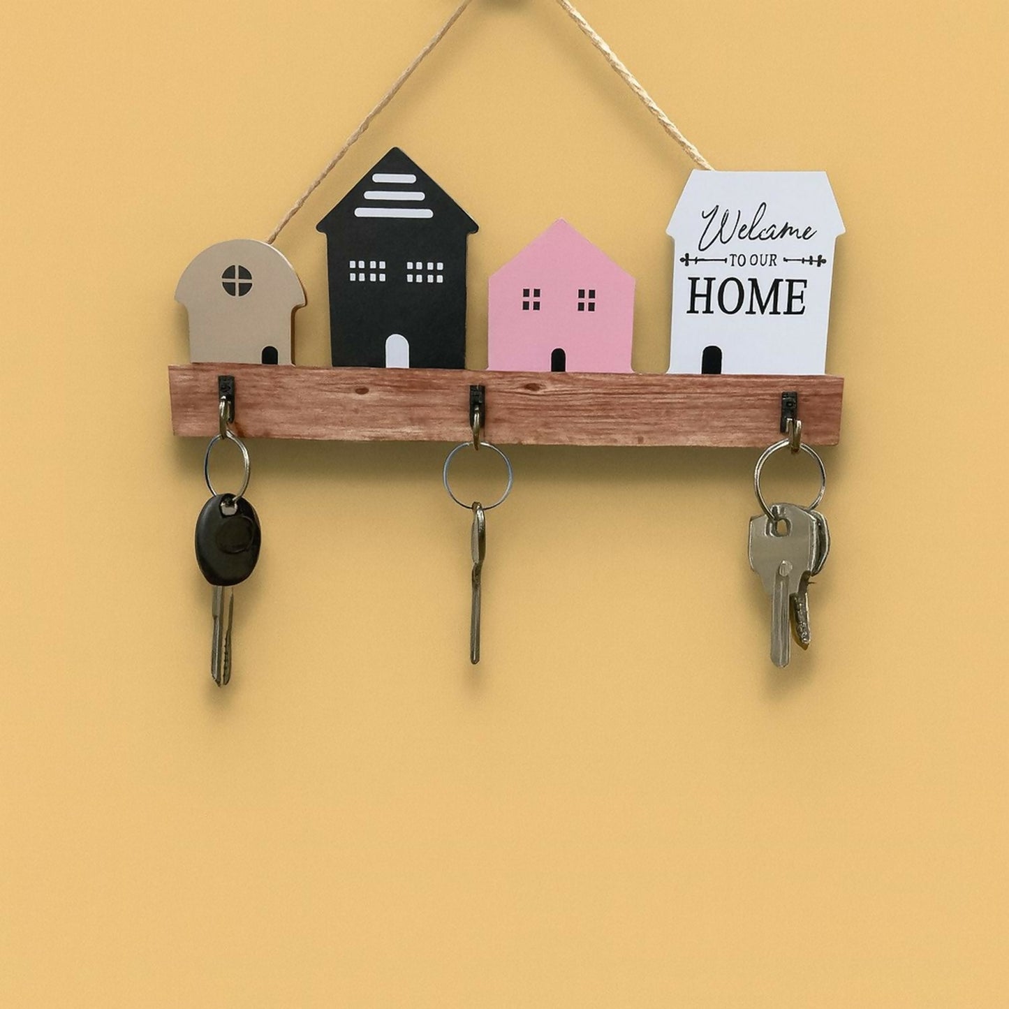 Wooden Key Holder for Wall – Decorative House Shaped Hanging Key Organizer Rack with 4 Hooks – “Welcome to Our Home” Design, Rustic Wall Décor for Entryway, Living Room & Office