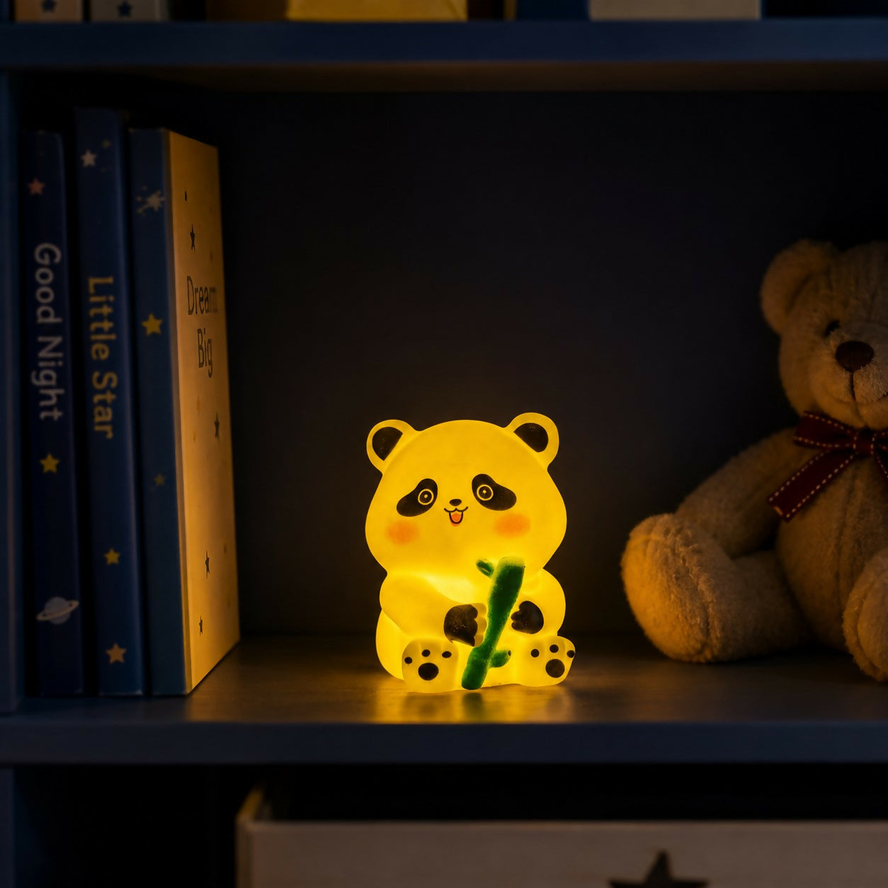 Cute panda silicone night lamp holding bamboo stick with warm light