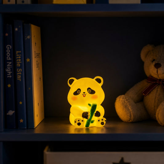Cute panda silicone night lamp holding bamboo stick with warm light