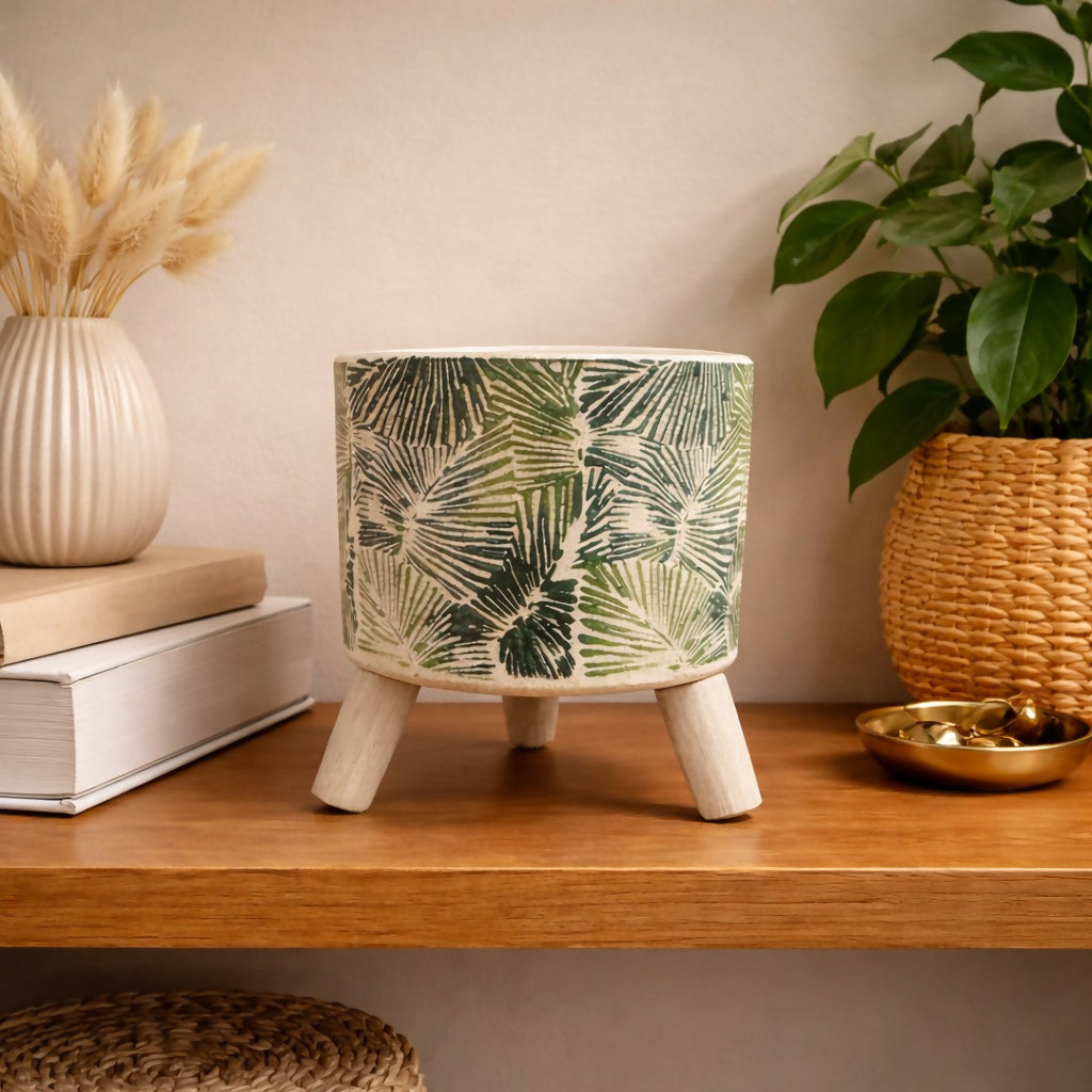 Ceramic Planter Pot with Wooden Stand Decorative Plant Holder