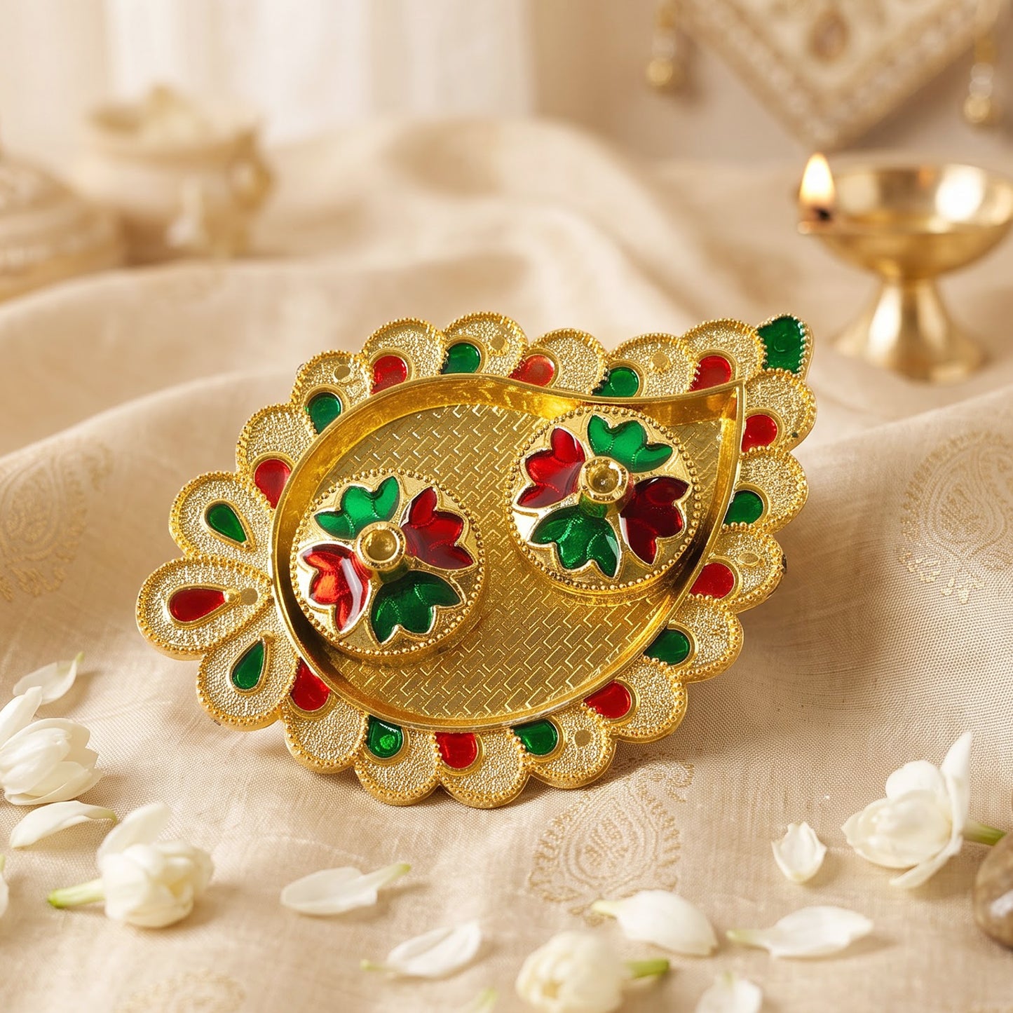 Mango Shape Kumkum Dish with 2 Diya Stands for Puja Thali Decor (1 Pc)