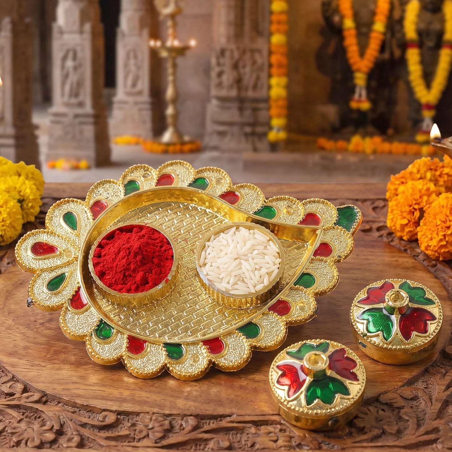 Mango Shape Kumkum Dish with 2 Diya Stands for Puja Thali Decor (1 Pc)