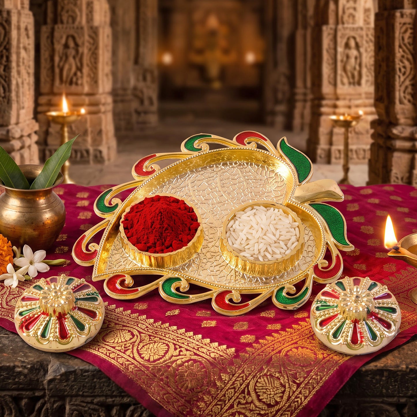 Leaf Shape Golden Kankavati Kumkum Holder with Enamel Lids (1 Pc)