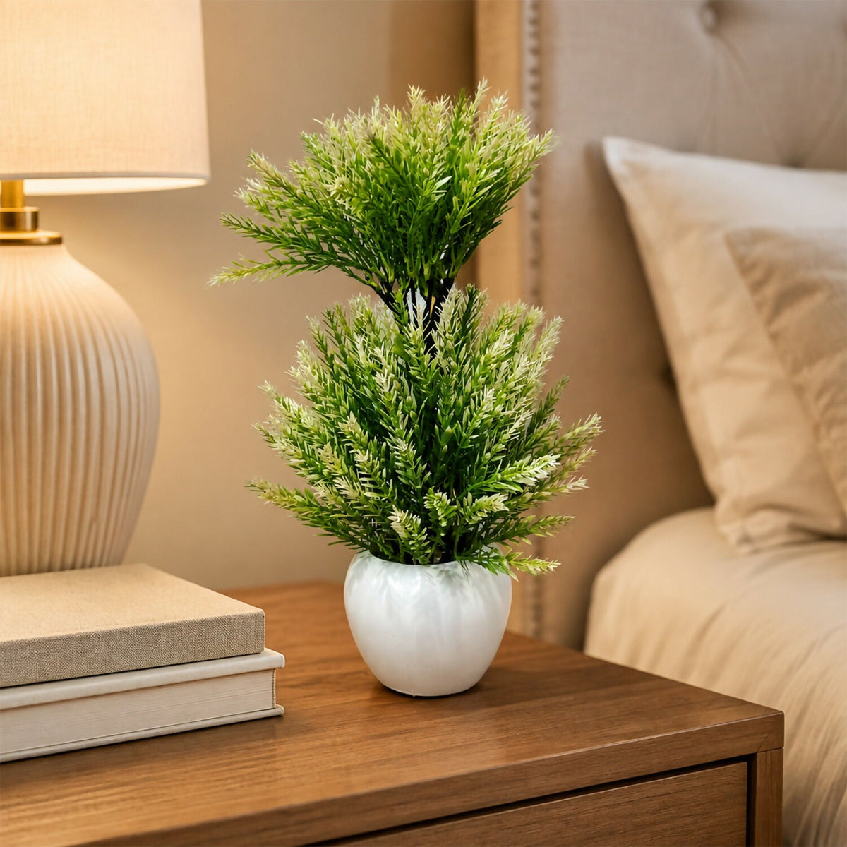 Artificial Mini Pine Plant Decorative White Pot Home Office Table Centerpiece Decor