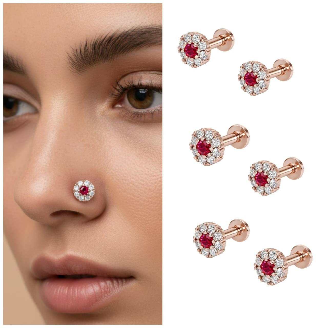 Display of six ruby rose gold nose pins with sparkling diamond halos
