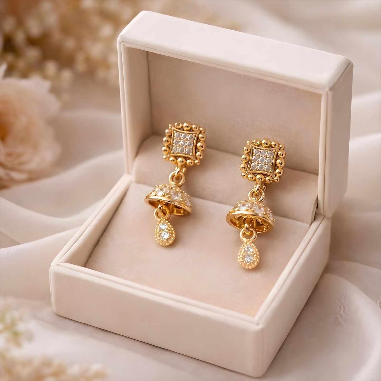 Gold Jhumka drop earrings with ornate square pavé studs and teardrop charms