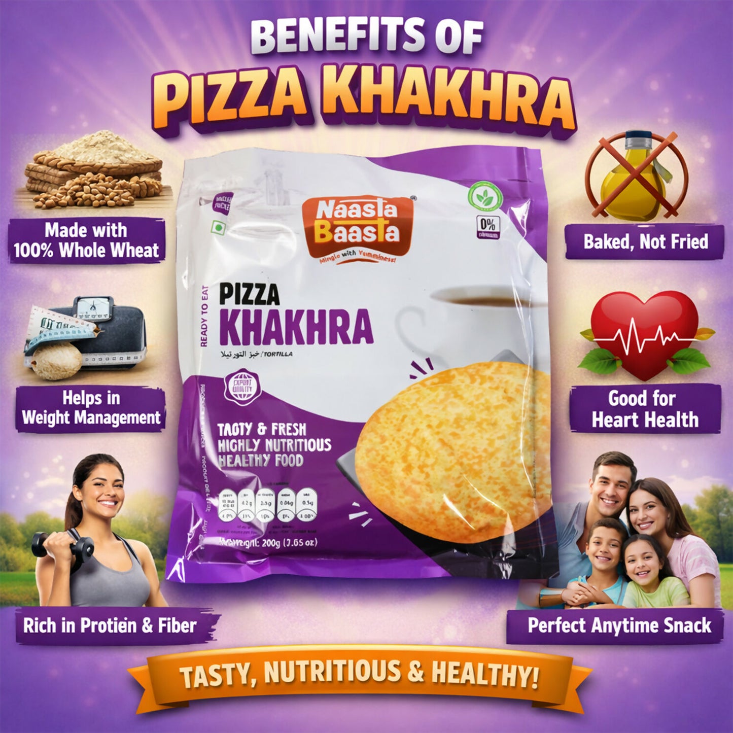 Naasta Baasta Pizza Khakhra Crispy & Cheesy Whole Wheat Ready to Eat Snack (200gm)