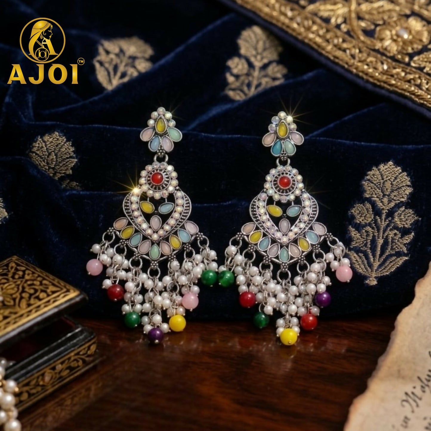 Multicolor Oxidized Statement Earrings with Beads & Pearl Tassels