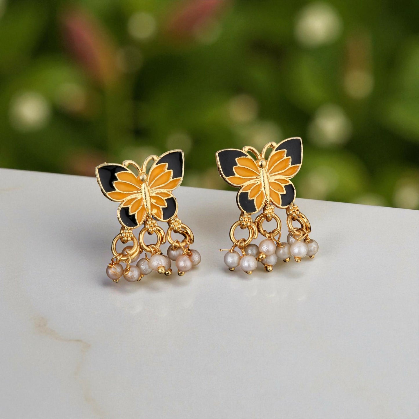 Gold-Plated Black & Yellow Enamel Butterfly Necklace Set with Pearl Drops