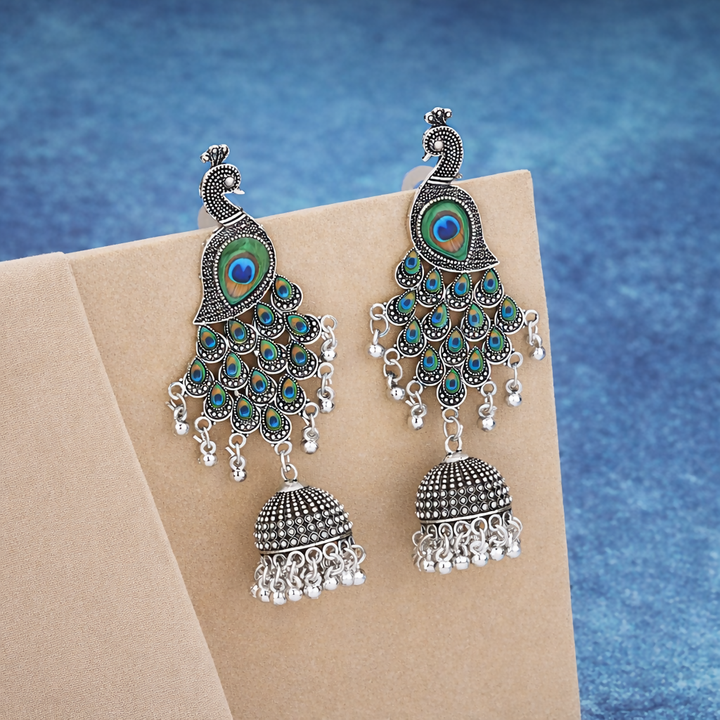 Traditional Silver Oxidized Peacock Jhumka Earrings