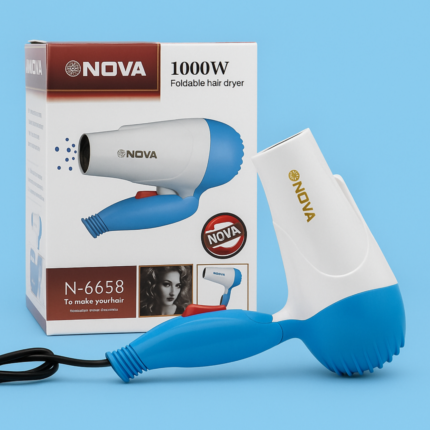 Nova 1000W Foldable Hair Dryer for Men & Women – Hot & Cold Compact Dryer