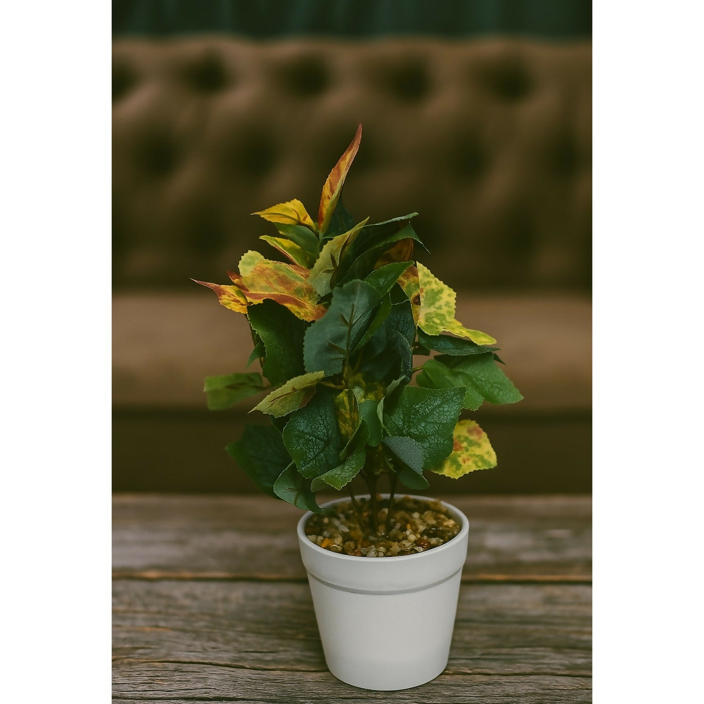 Artificial Decorative Plant with Dual-Tone Leaves in White Pot – Realistic Faux Indoor Tabletop Plant for Home, Office, Living Room, Bedroom, Study Table, and Gifting – Low Maintenance Greenery