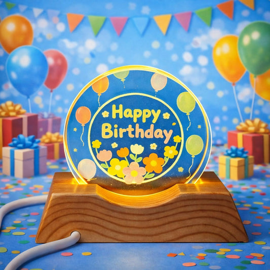 Happy Birthday Acrylic LED Lamp with Wooden Base Balloon Floral Design