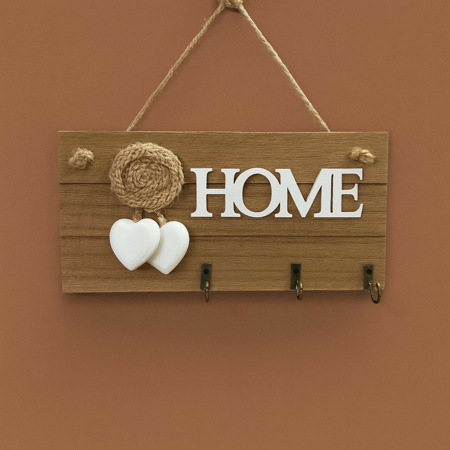 Wooden Wall Mounted Key Holder with Rope & Heart Design | Rustic “HOME” Letter Decorative Key Hanger with 3 Metal Hooks | Wall Hanging Organizer for Keys, Jewelry & Small Accessories | Home Décor Gift