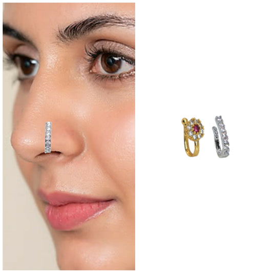 Clip On Nose Pin Nath Studs Set (2) Gold & Silver Tone Combo Pack of 2
