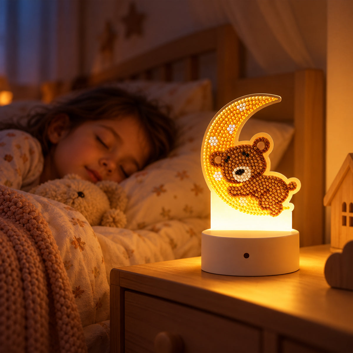 A sleeping child in bed with a teddy bear, and the illuminated diamond painting night light on a nearby wooden table.