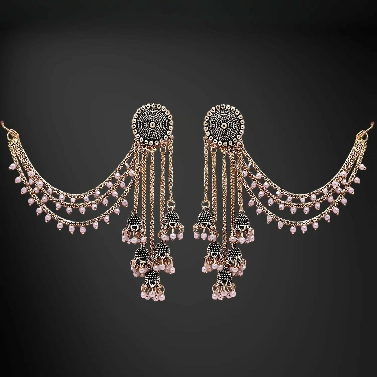 Traditional Gold Tone Jhumka Earrings with Pearl Drops and Elegant Layered Chain Design for Women