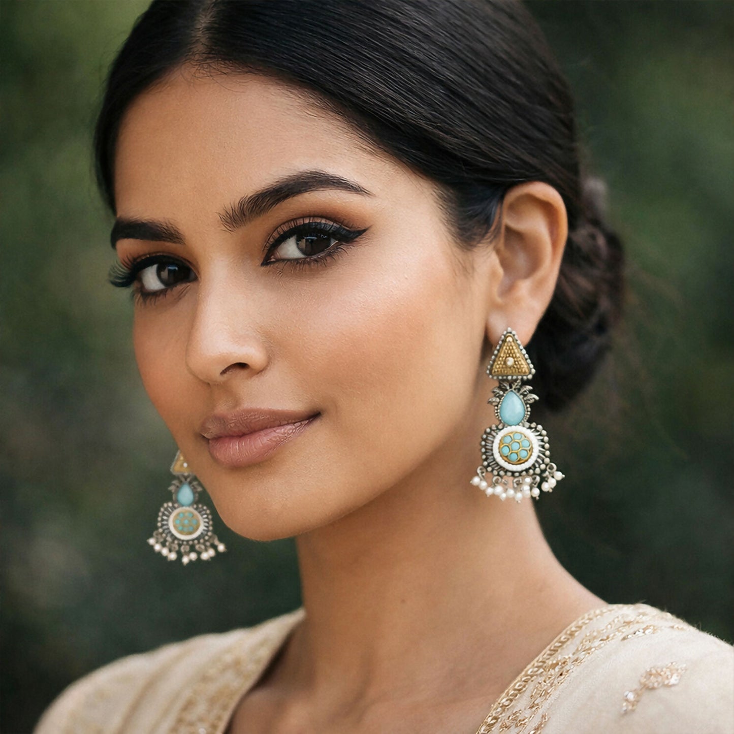 Vintage Oxidized Silver Dangle Earrings with Gold Tone & Pearl Tassel Drops