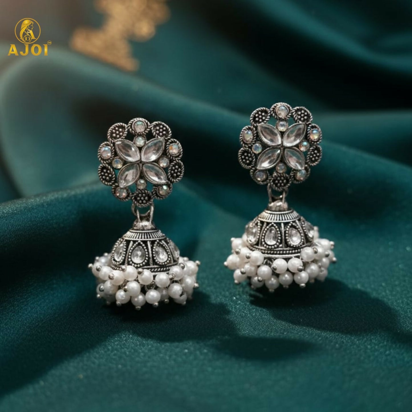Elegant Silver Oxidized Floral Jhumka Earrings with Pearl Drops