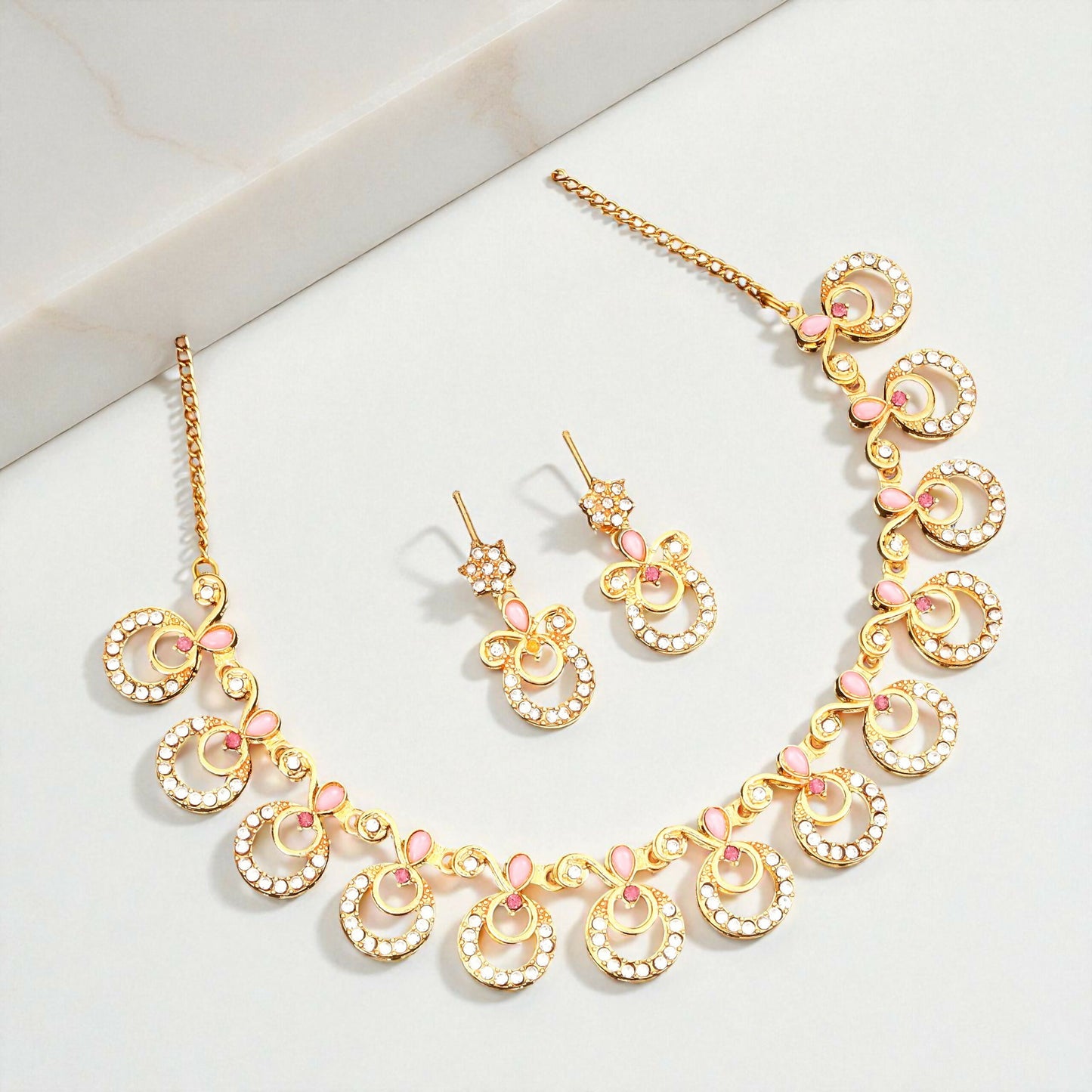 Gold-Toned AD & Emerald Vine Drop Necklace Set