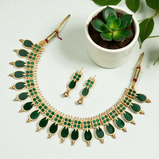 Rose Gold-Tone Bright Green Enamel Leaf Choker with Pearl Drops (Style A)