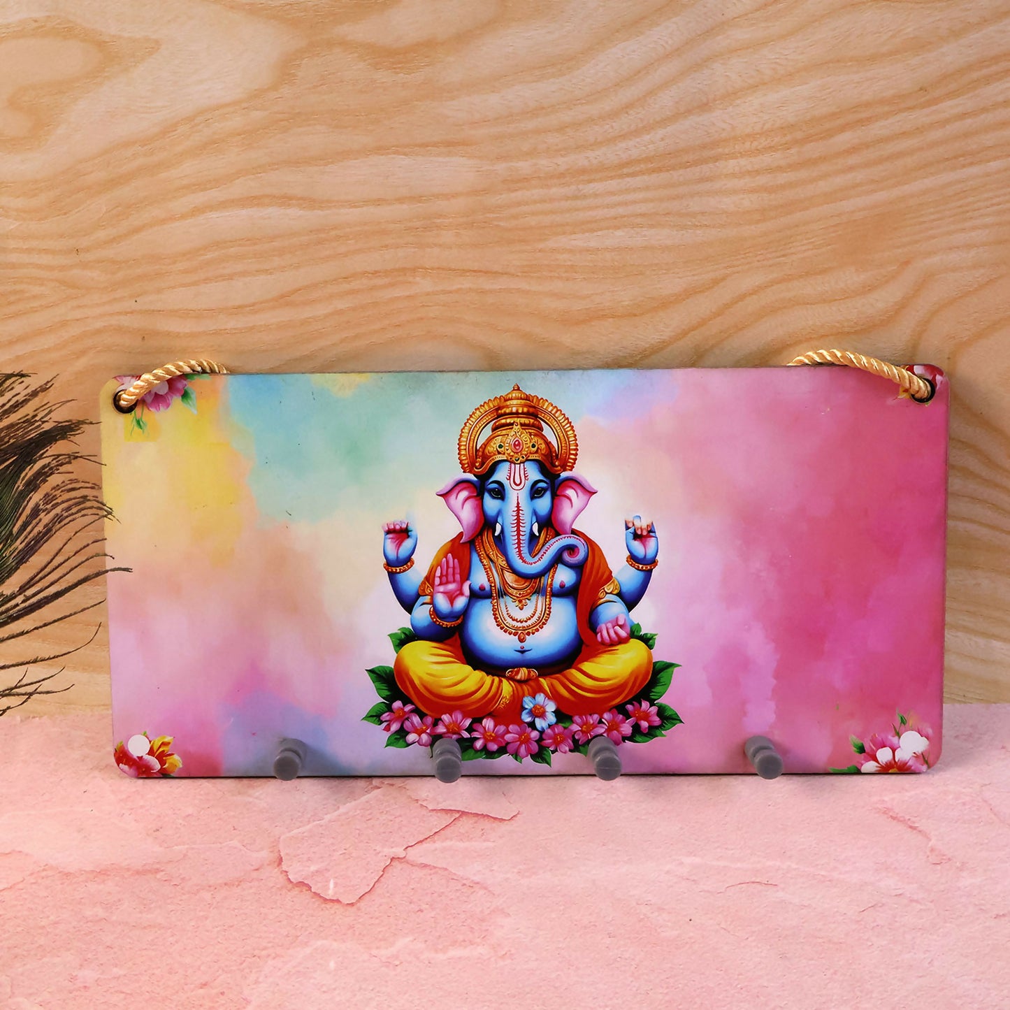 Ganpati Printed Wooden Key Holder with Rope Hanging & 4 Hooks – 6 x 12 Inch