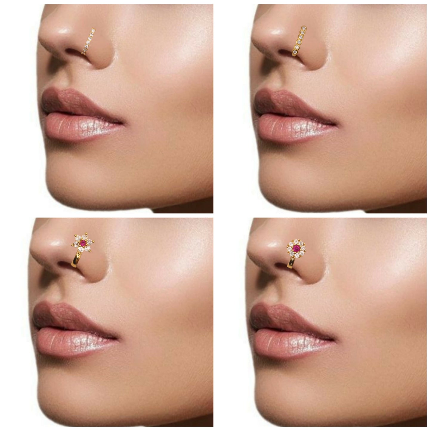 Ruby CZ Gold Plated Non-Piercing Flower Nose Ring/Clip-On Nath Combo Pack of 4