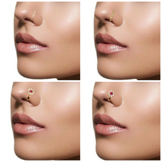 Ruby CZ Gold Plated Non-Piercing Flower Nose Ring/Clip-On Nath Combo Pack of 4