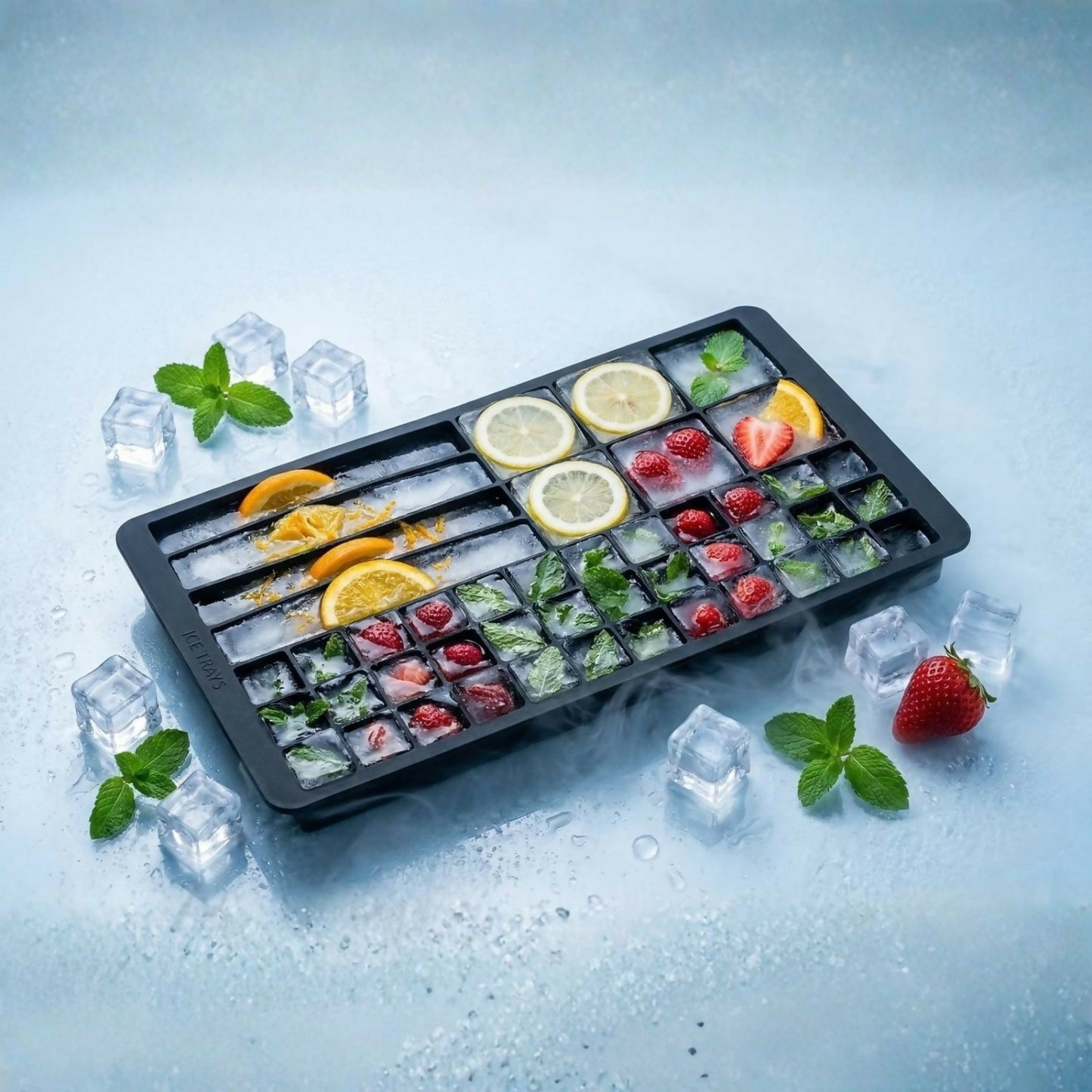 Bright green ice tray on kitchen counter