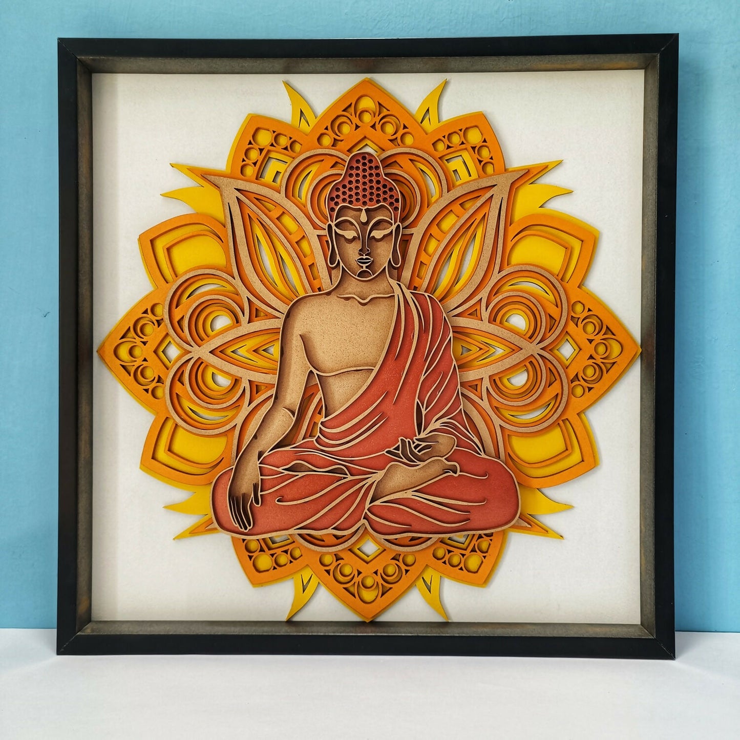Handcrafted Wooden Buddha Wall Art – Multi-Layer 3D Wall Frame | Peaceful Mandala Design | Spiritual Home Decor Gift | Handmade Indian Artwork