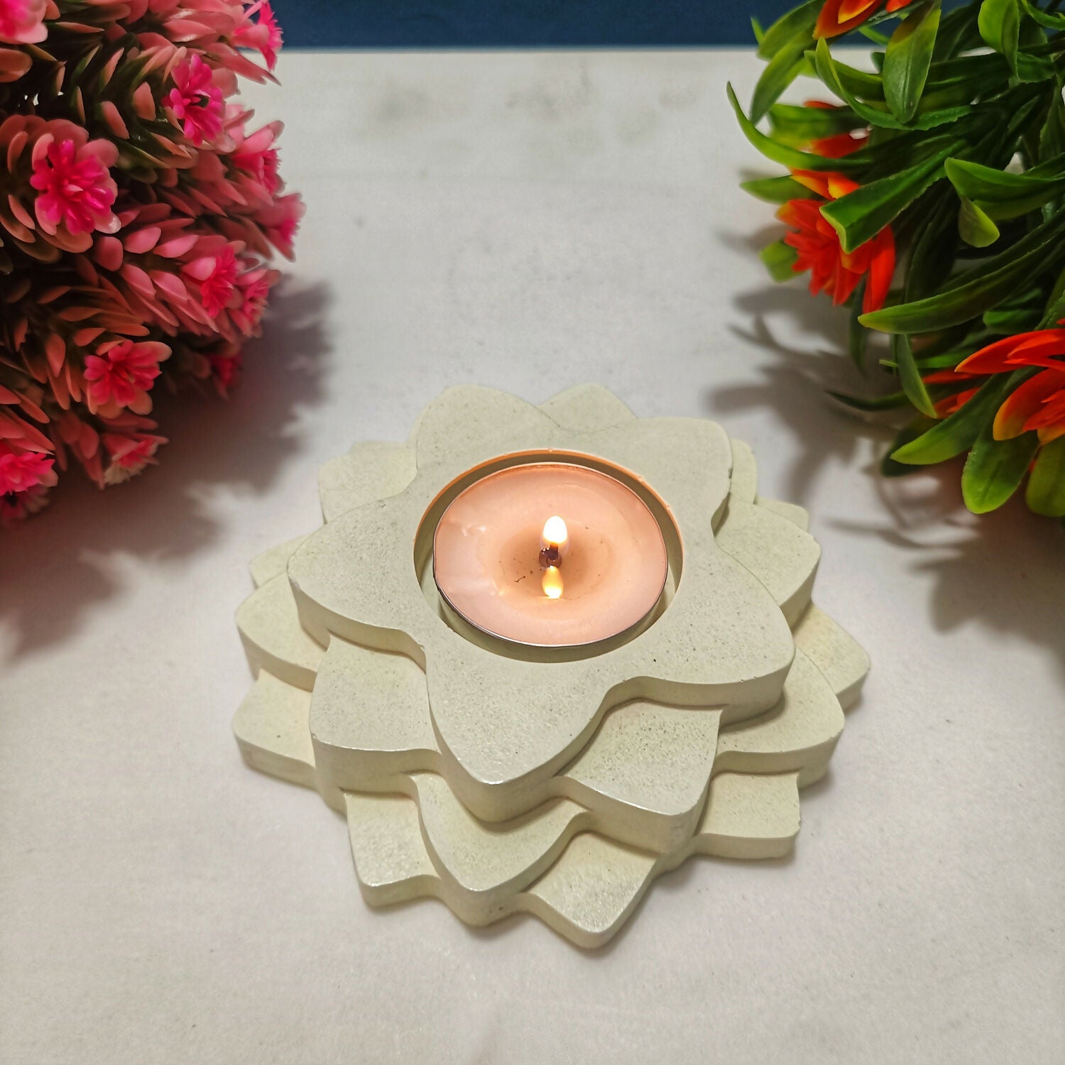 Handmade Flower 4-Step Diya – Ivory | Layered Tealight Holder for Diwali, Pooja & Home Décor | Unique Festival Gift Item