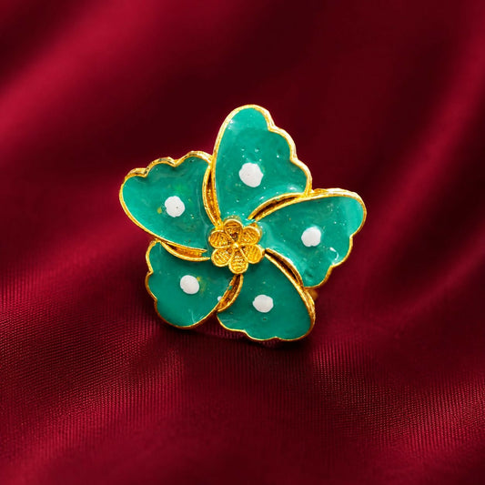 Teal floral statement ring with gold-tone finish, perfect for women’s fashion