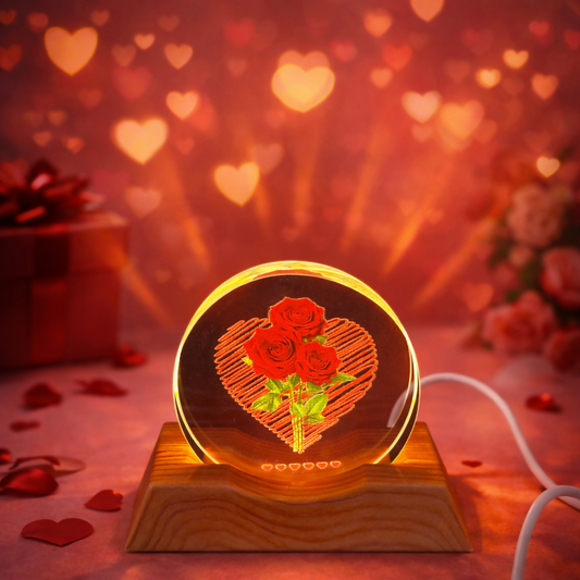 Rose Heart Acrylic LED Lamp with Wooden Base Romantic Gift Night Light
